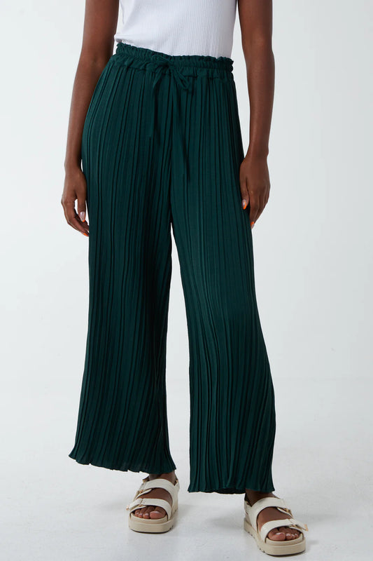 Wide Leg Plisse Drawstring Trousers in Green