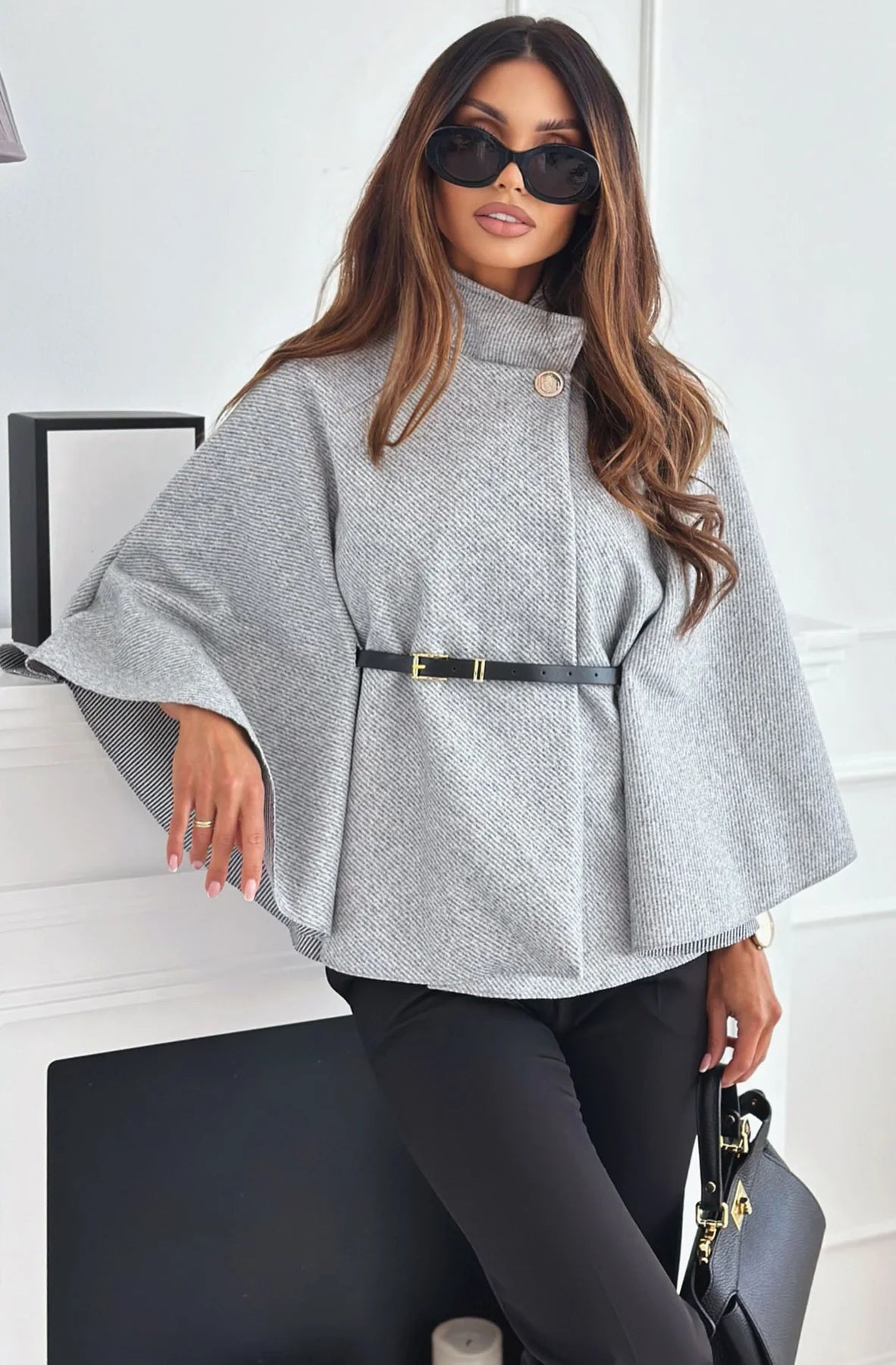 Cherise Button Detail Belted Flared Poncho in Grey