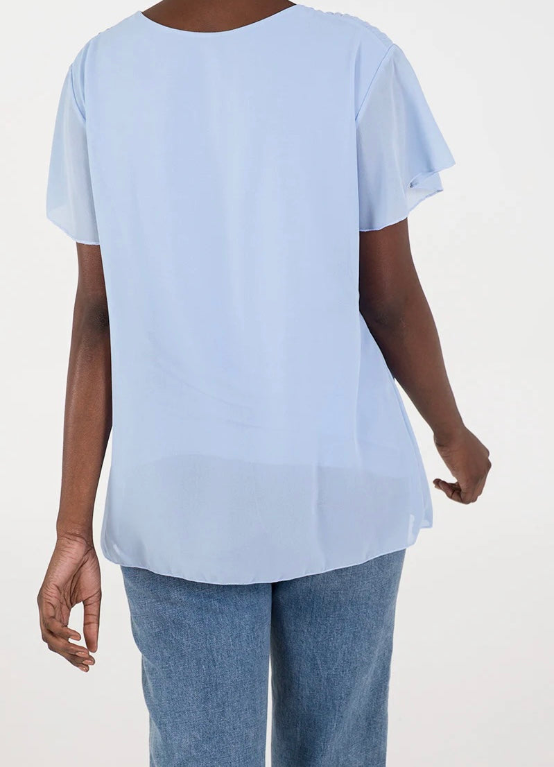 Light Blue Pleated Top with Necklace