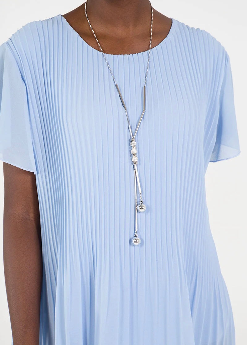 Light Blue Pleated Top with Necklace