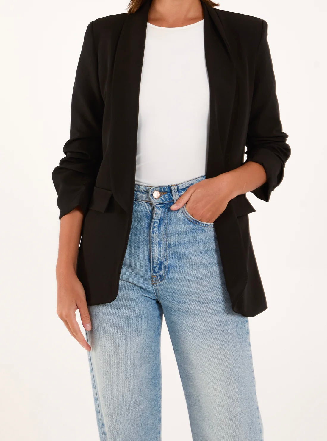 Ruched Sleeve Lapel Blazer Black