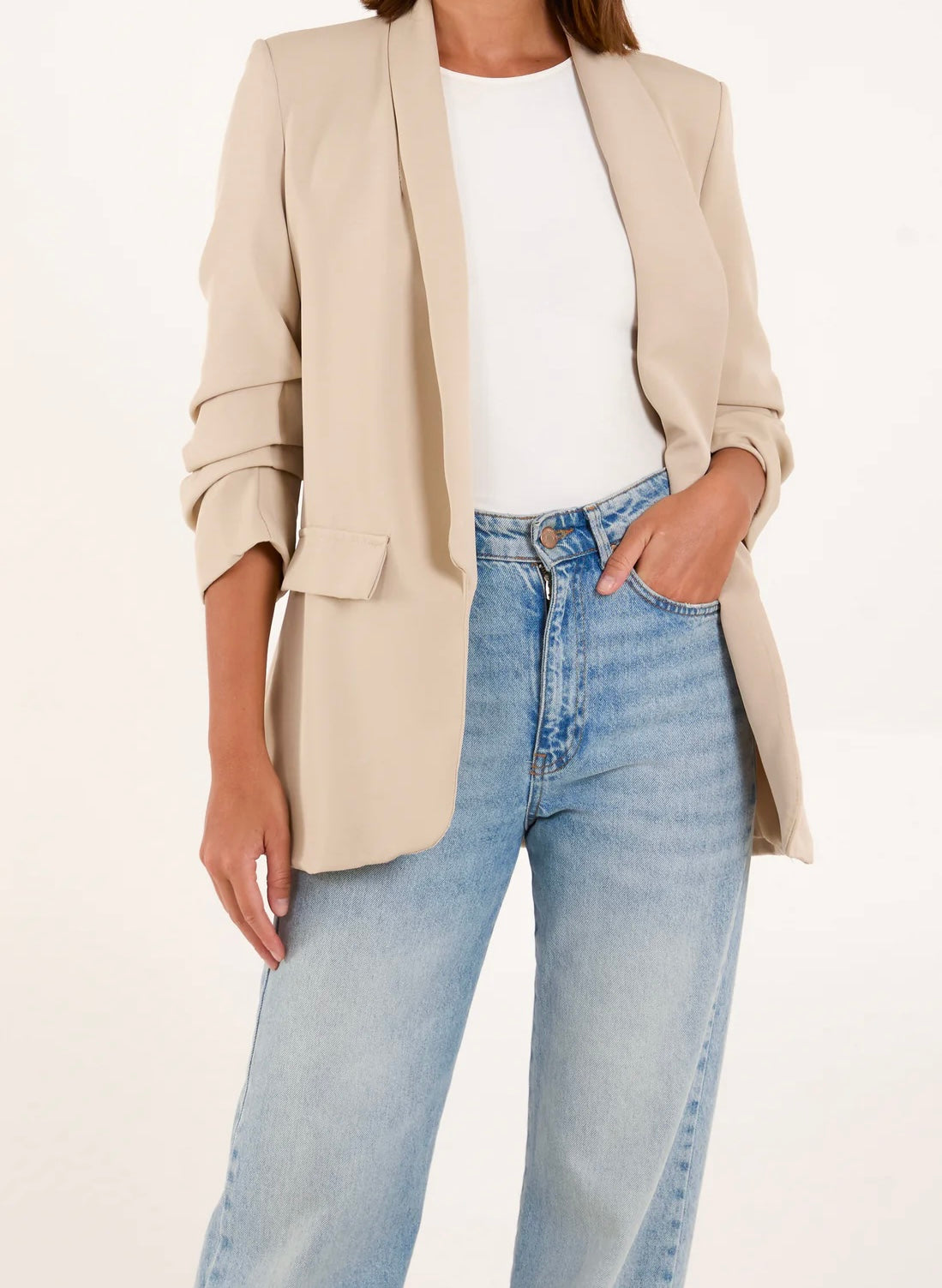 Ruched Sleeve Lapel Blazer Beige