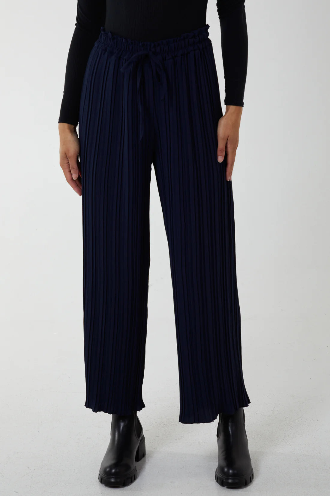 Navy Wide Leg Plisse Drawstring Trousers