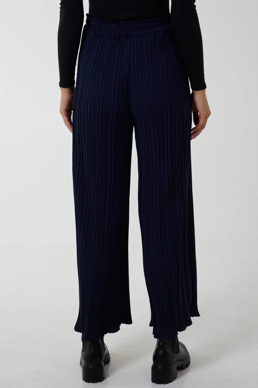 Navy Wide Leg Plisse Drawstring Trousers