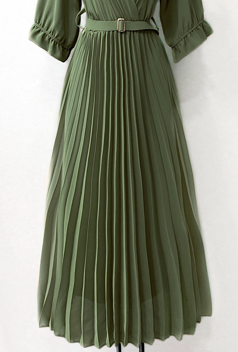 Khaki Green Plain Belted Midi Dress
