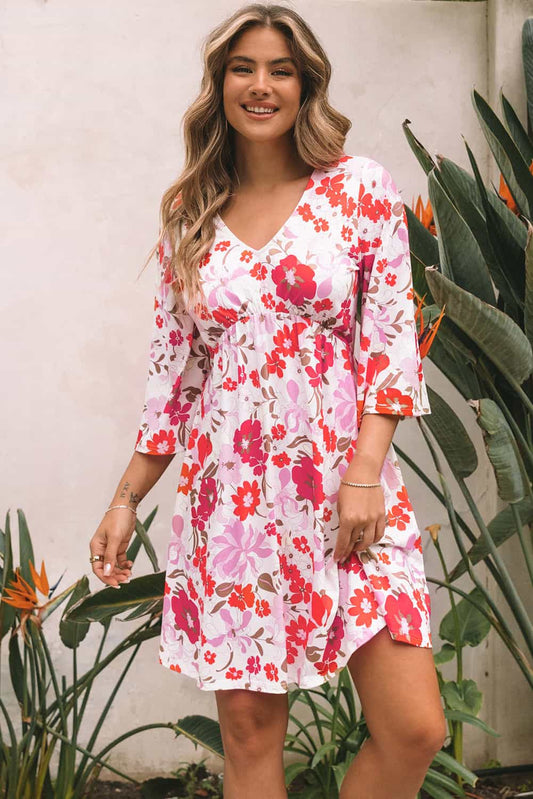 Orange V Neck 3/4 Sleeve Floral Dress