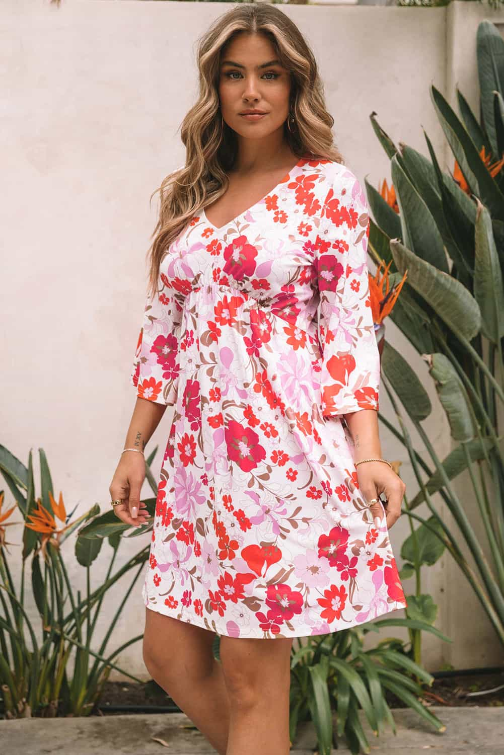 Orange V Neck 3/4 Sleeve Floral Dress