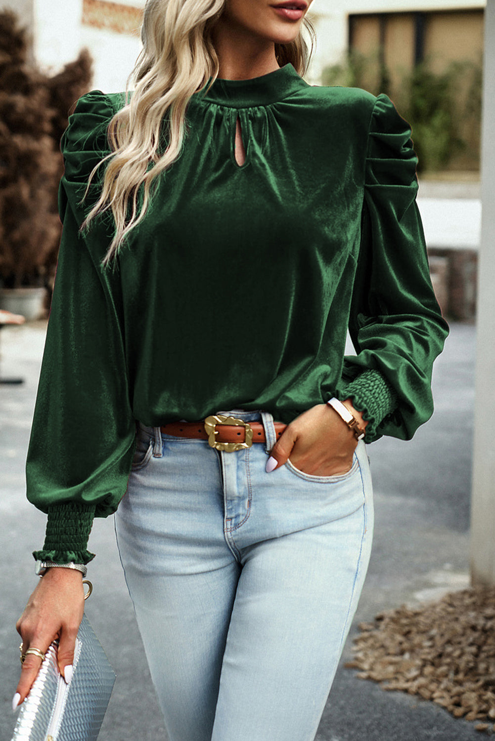 Green Mock Neck Puff Sleeve Velvet Blouse