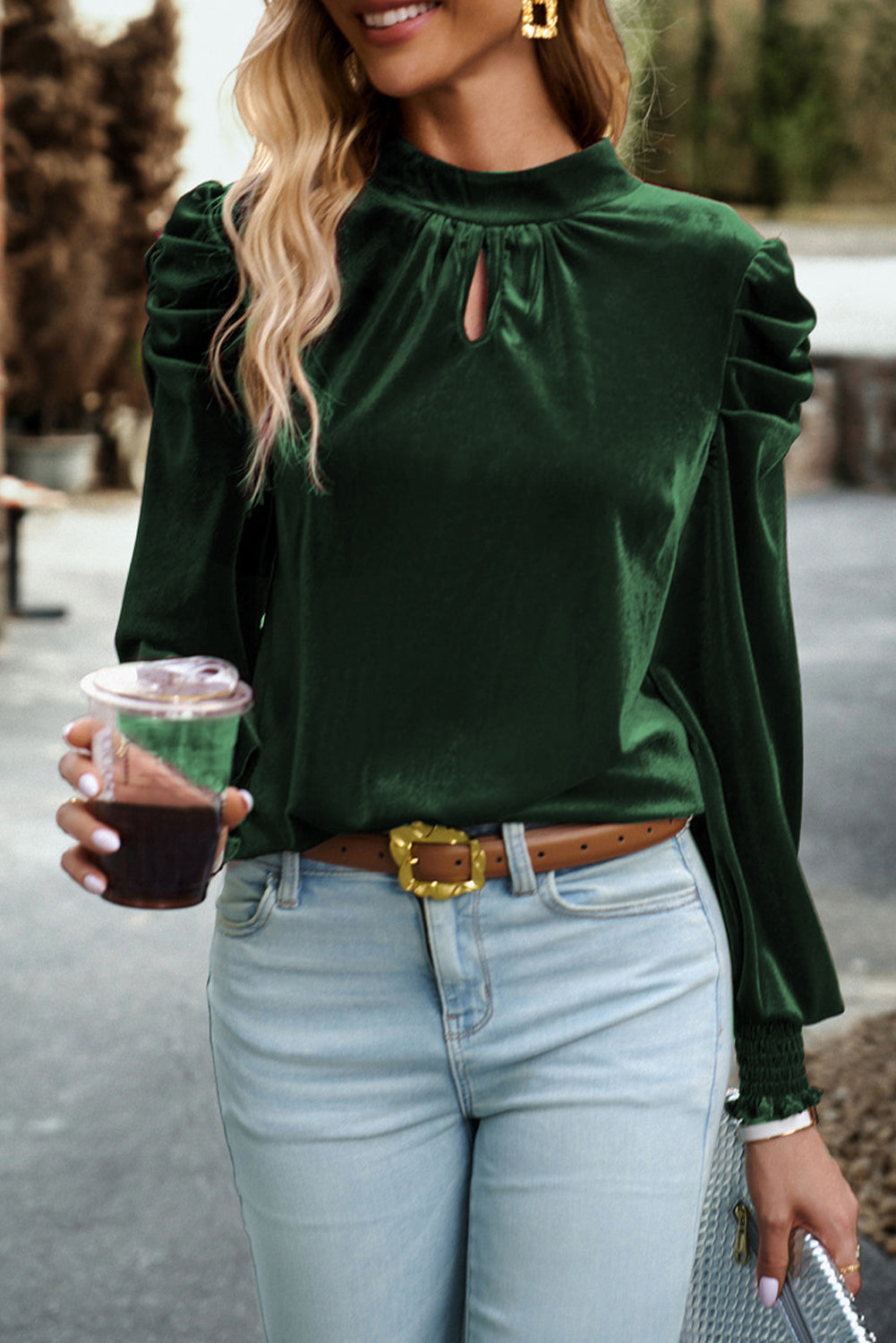 Green Mock Neck Puff Sleeve Velvet Blouse