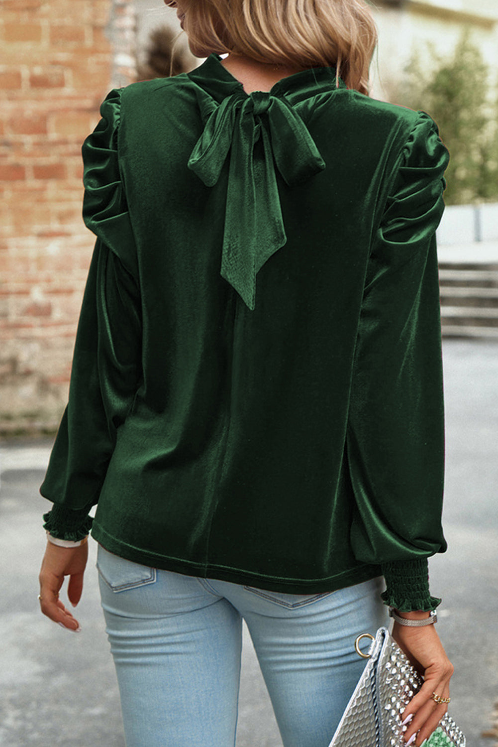 Green Mock Neck Puff Sleeve Velvet Blouse