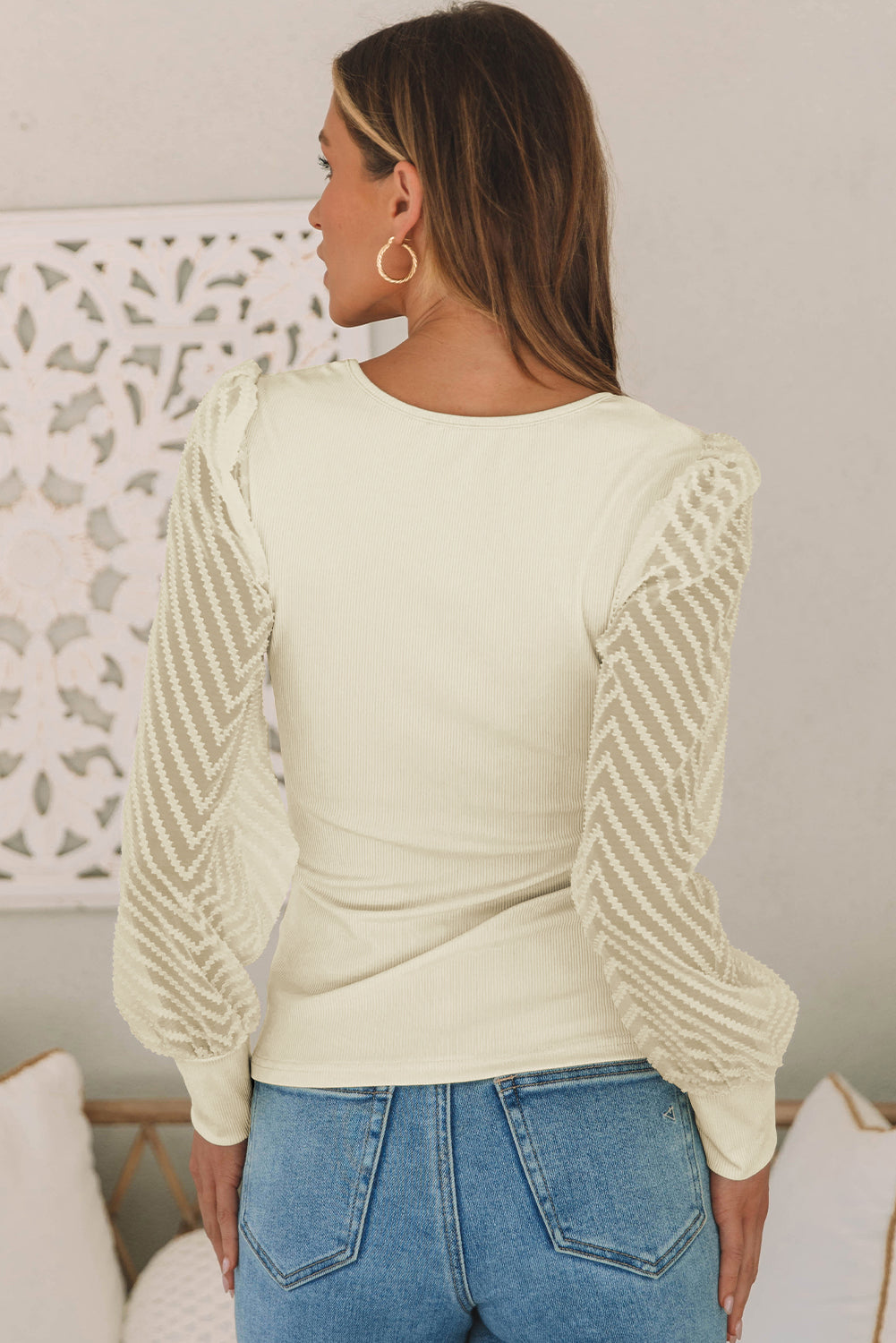 Apricot Delicate Textured Mesh Sleeve Ribbed Knit Top