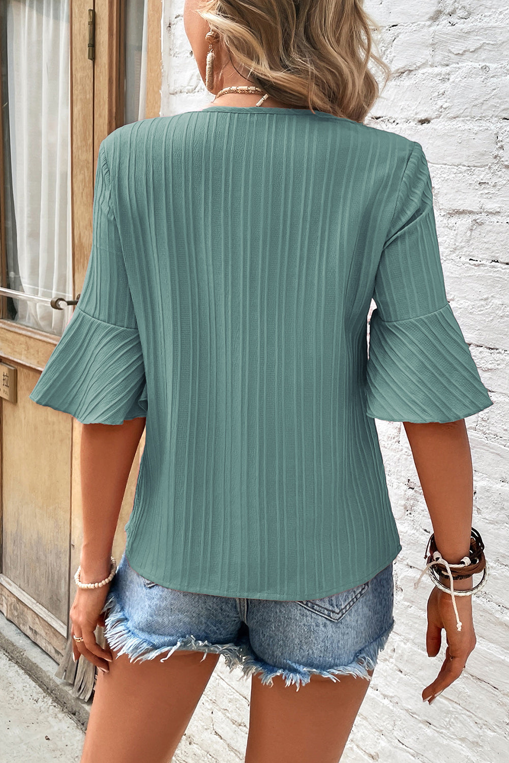 Green Ruffled Half Sleeve V Neck Textured Top