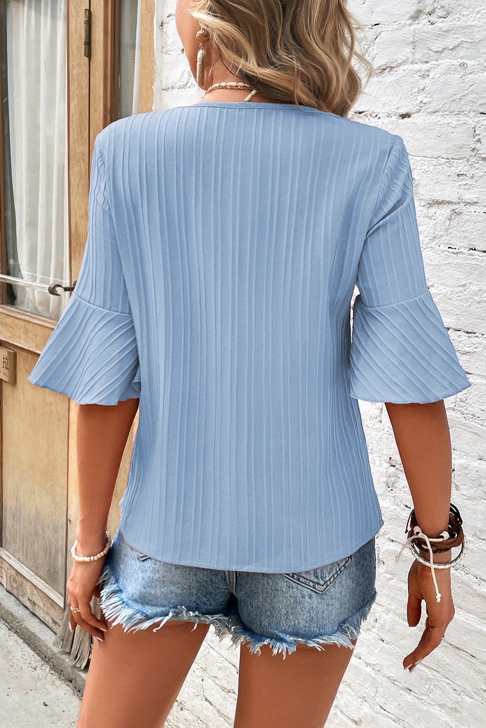 Blue Ruffled Half Sleeve V Neck Textured Top