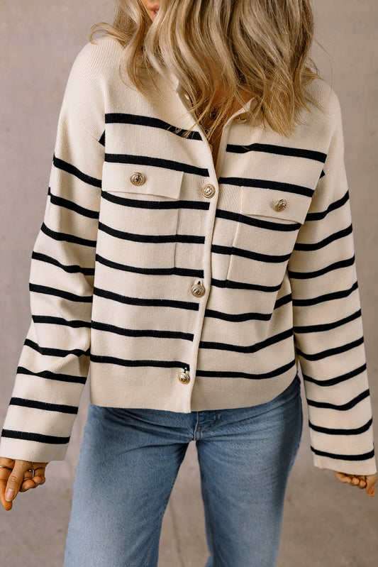 Black Stripe Flap Pocket Buttoned Knitted Jacket