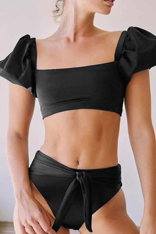 Black Sexy Bubble Sleeves High Waisted Bikini