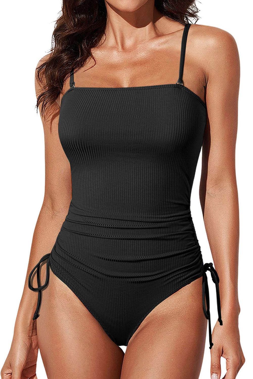 Black Ribbed Drawstring Sides One Piece Swimsuit