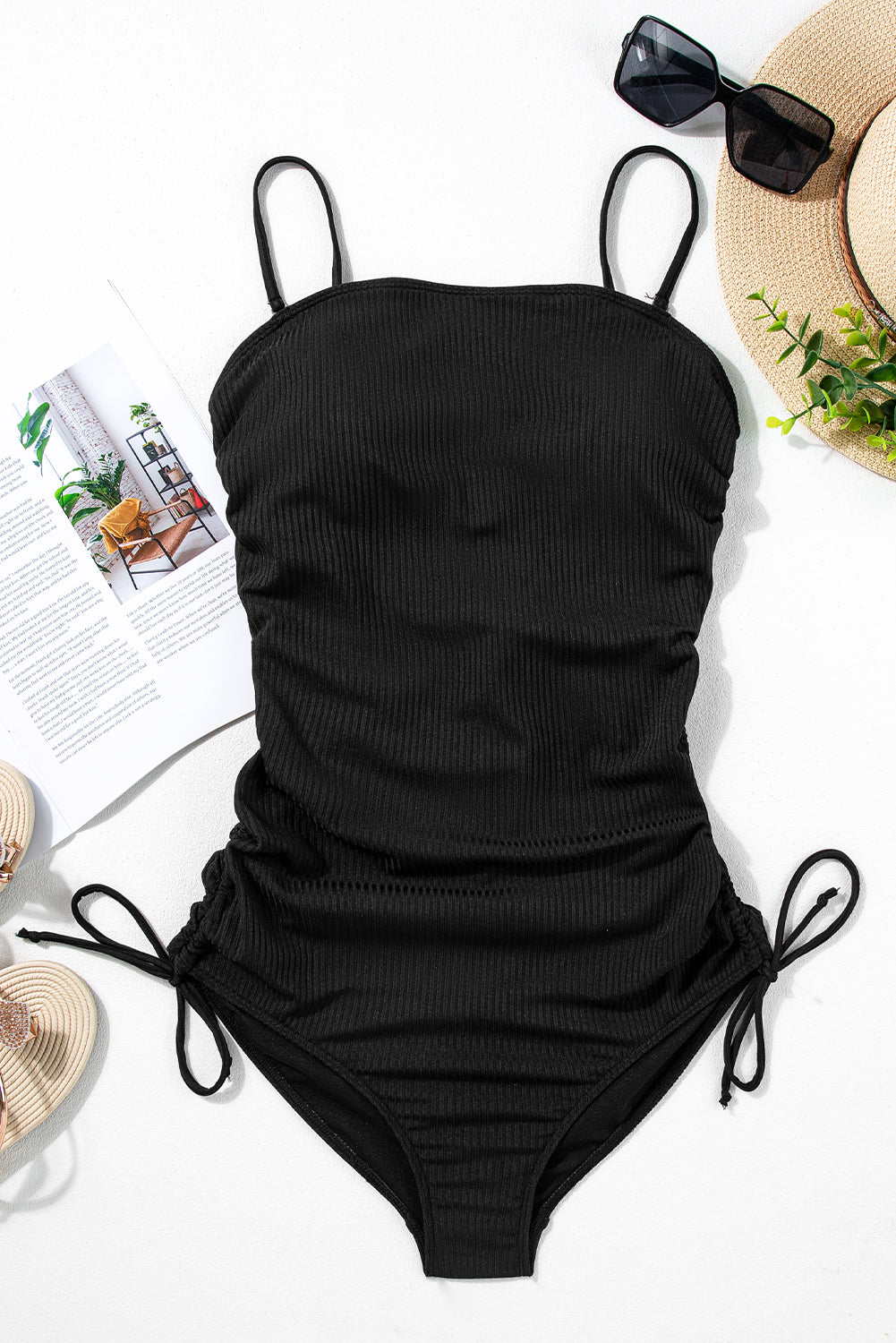 Black Ribbed Drawstring Sides One Piece Swimsuit