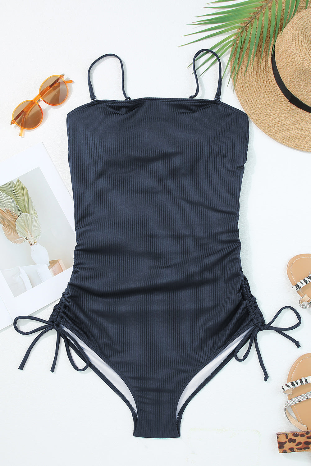 Navy Ribbed Drawstring Sides One Piece Swimsuit