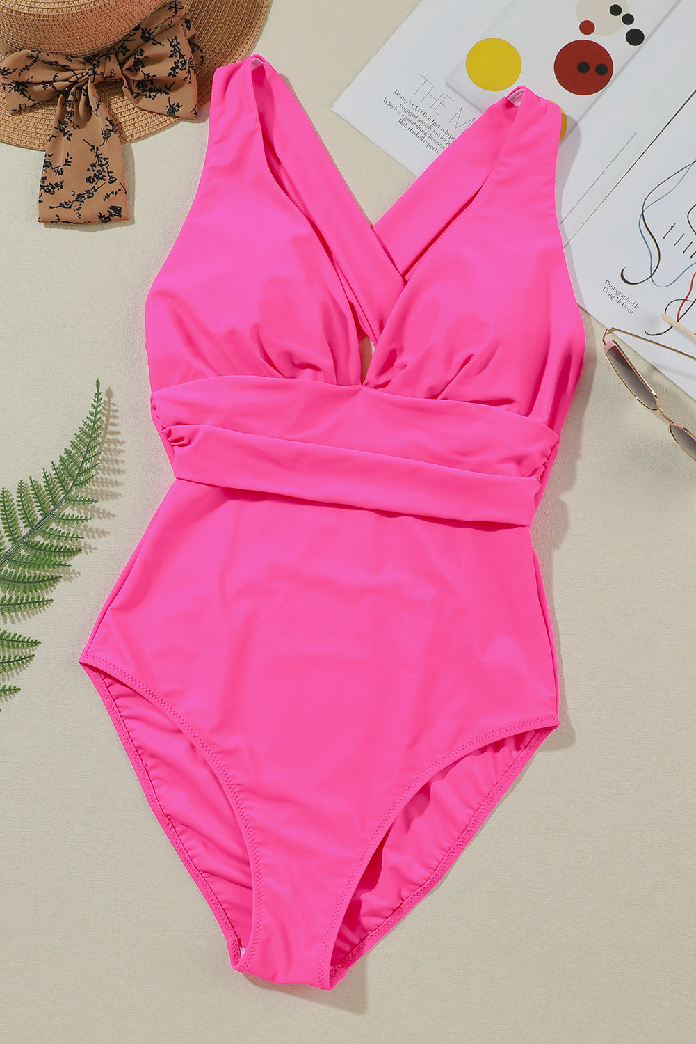 Pink V Neck Crossover Backless Ruched High Cut Swimsuit