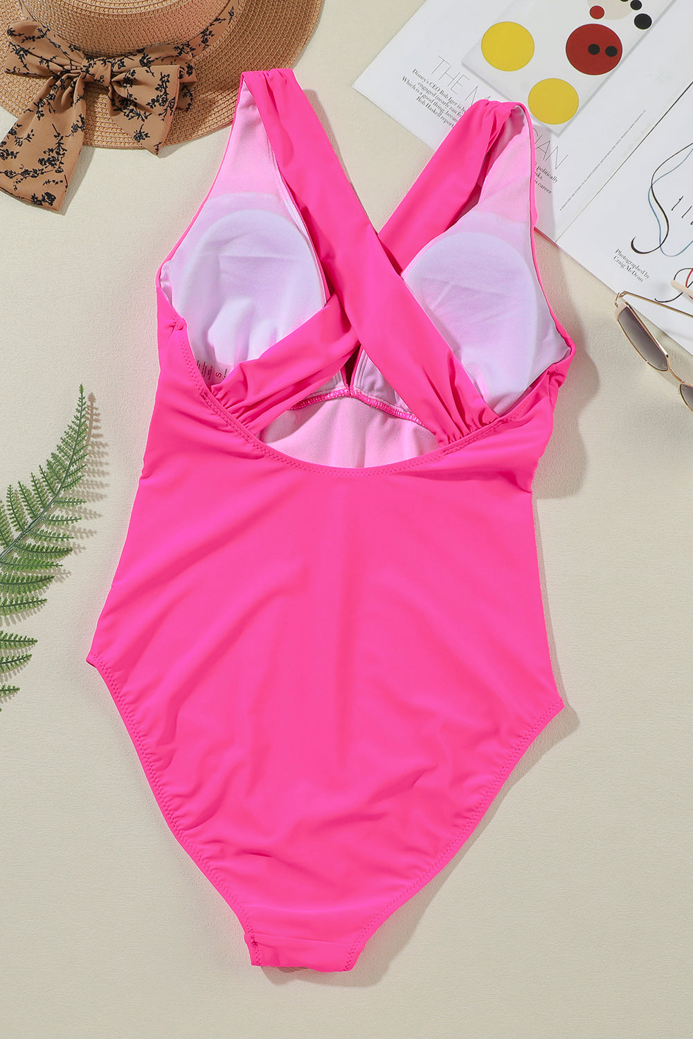 Pink V Neck Crossover Backless Ruched High Cut Swimsuit