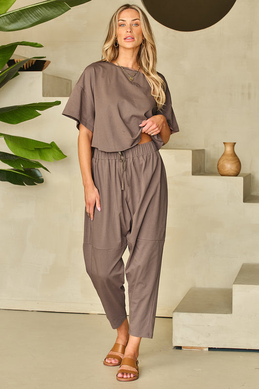 Simply Taupe High Low Boxy Fit Tee and Crop Trousers Set