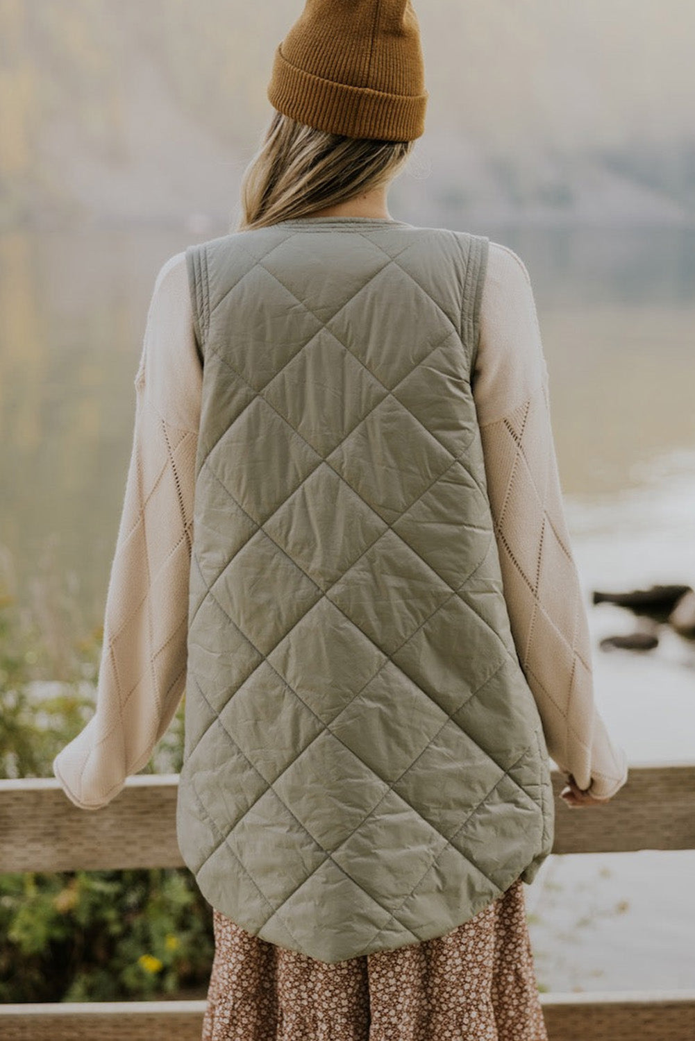 Green Quilted Long Vest Jacket with Pockets