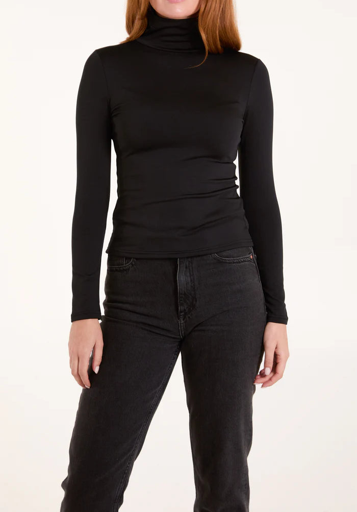 Fleece lined roll neck top in Black