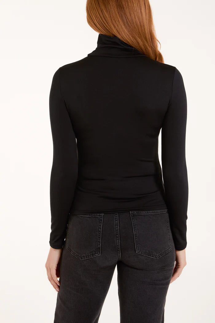 Fleece lined roll neck top in Black