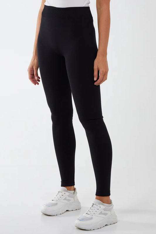 Black Ribbed Waistband Fleece Lined Leggings