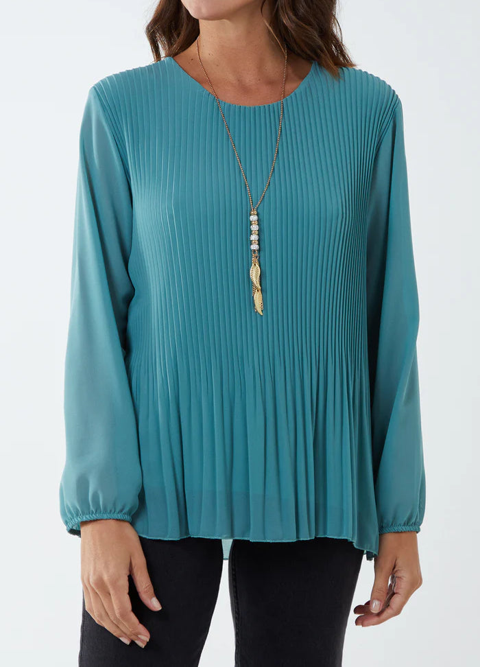 Pleated long sleeve top with necklace in Sage