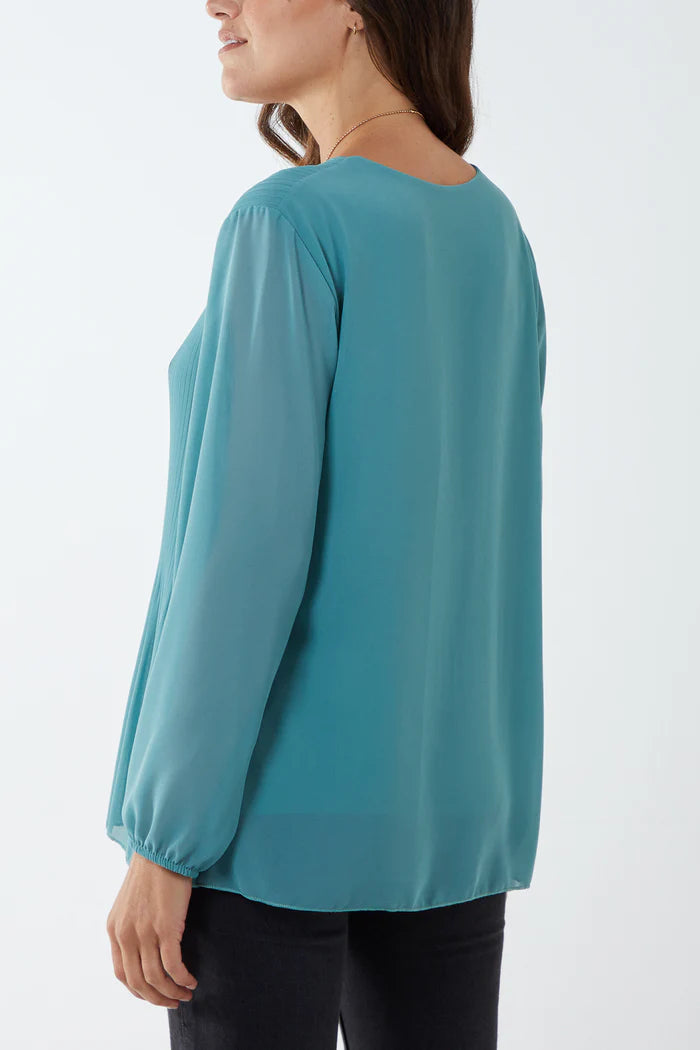 Pleated long sleeve top with necklace in Sage