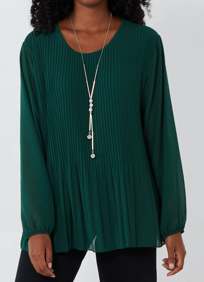 Pleated long sleeve top with necklace in Bottle Green