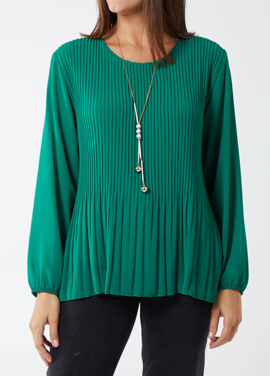 Pleated long sleeve top with necklace in jade green