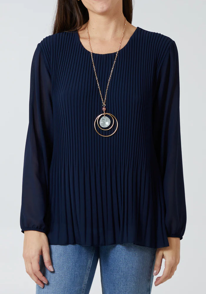 Pleated long sleeve top with necklace in Navy