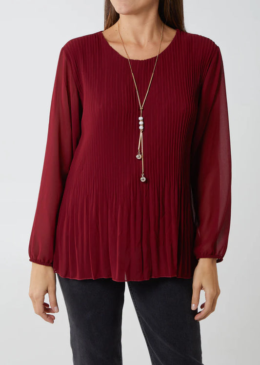 Pleated long sleeve top with necklace in Wine