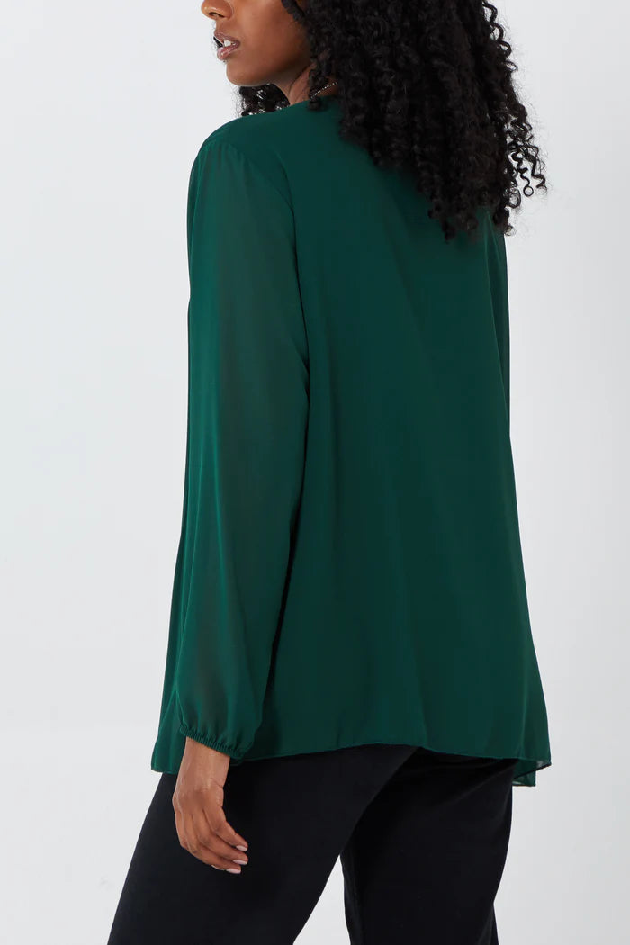 Pleated long sleeve top with necklace in Bottle Green