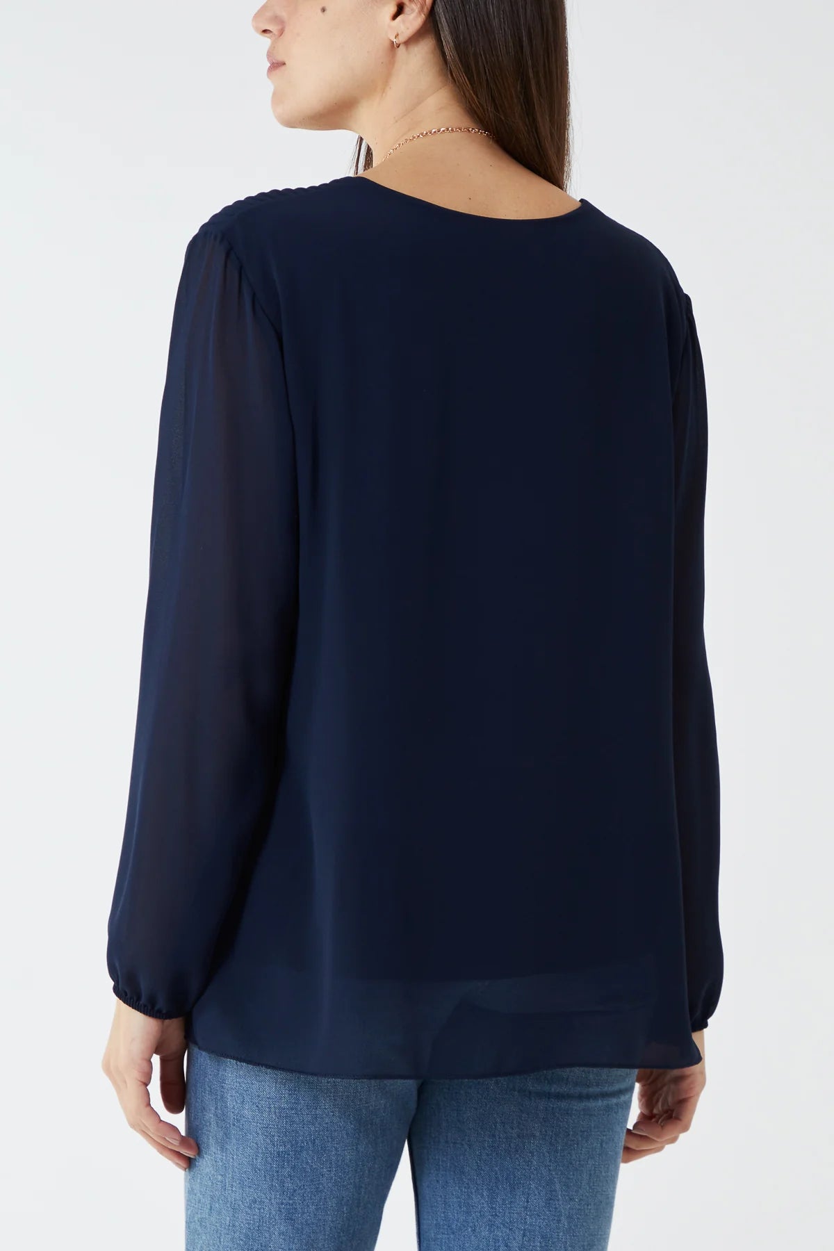 Pleated long sleeve top with necklace in Navy