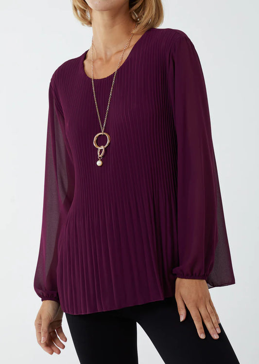 Pleated long sleeve top with necklace in Aubergine