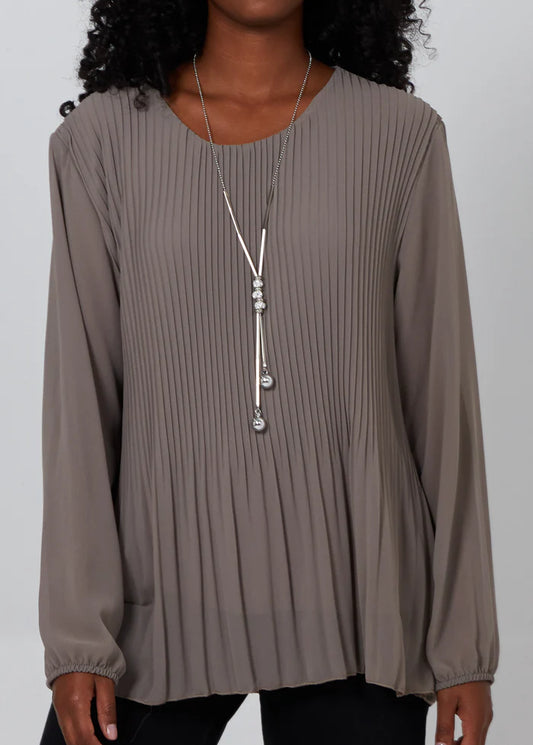 Pleated long sleeve top with necklace in Mocha