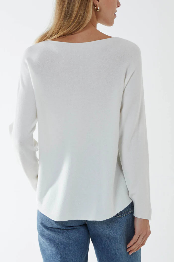 Round neck fine knit jumper in White