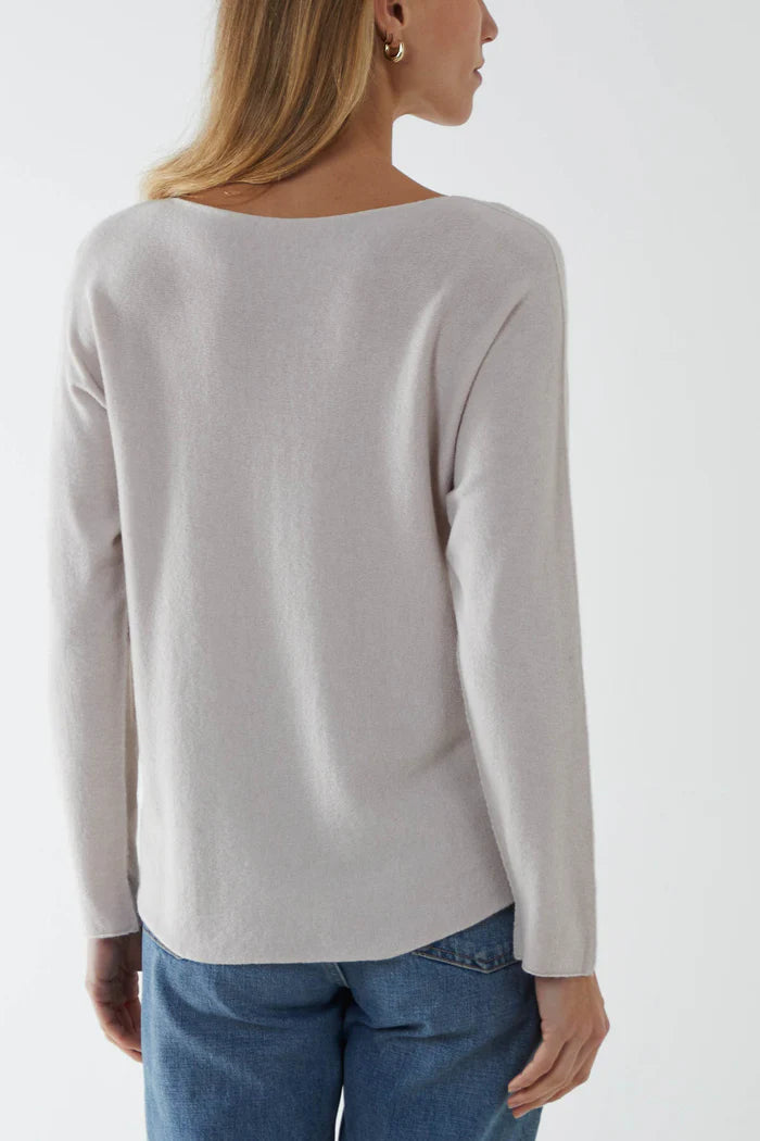 Round neck fine knit jumper in Beige