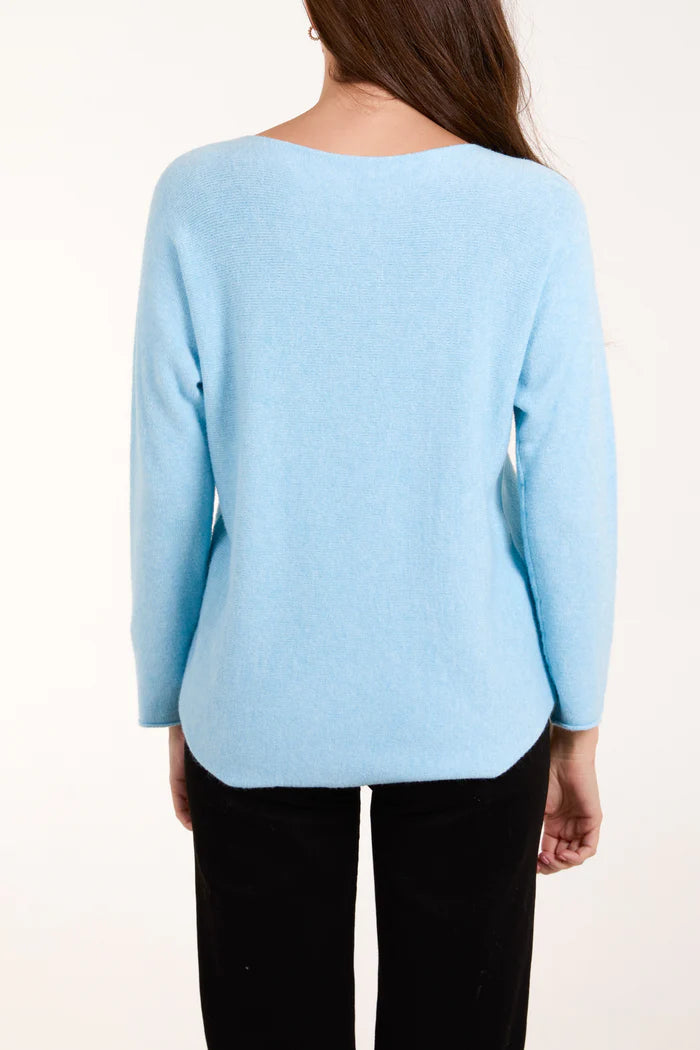 Round neck fine knit jumper in pale blue