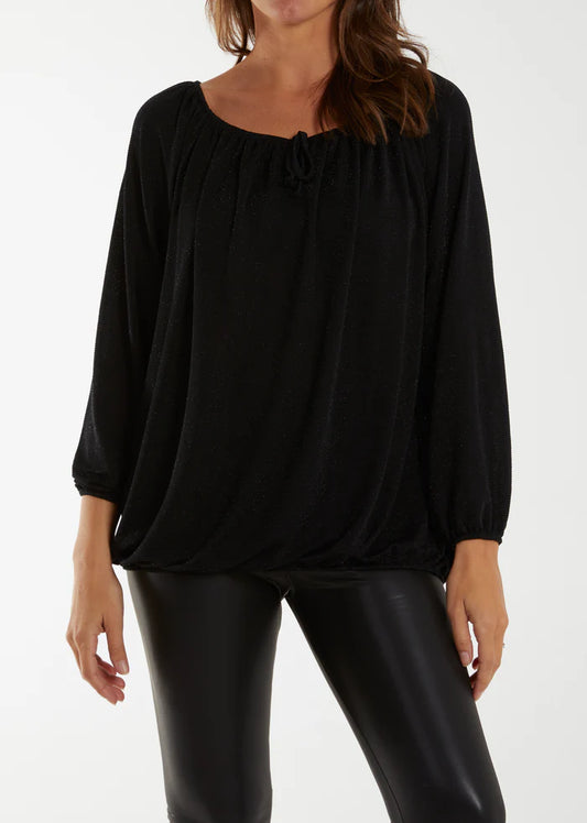 Glitter bow blouse in black