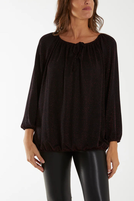 Glitter bow blouse in black and wine