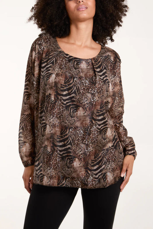 Mixed animal print mesh top