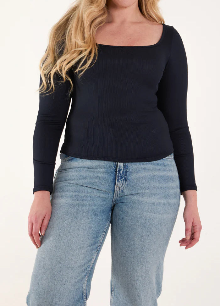 Square Neck Ribbed Long Sleeve Top in Navy