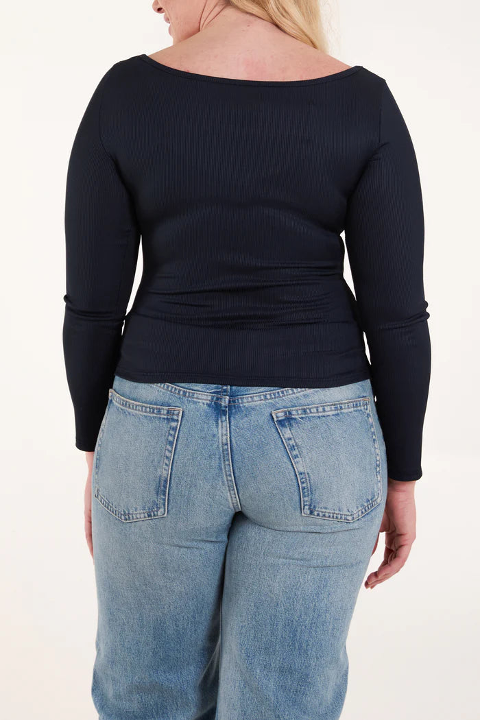 Square Neck Ribbed Long Sleeve Top in Navy