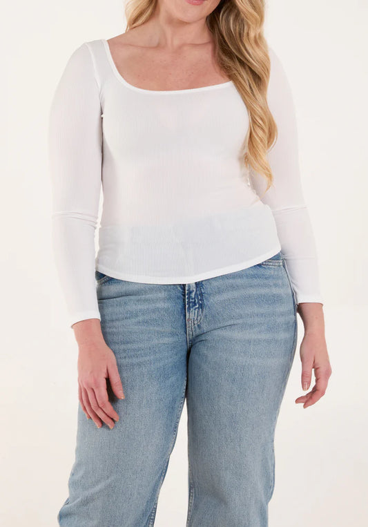 Square Neck Ribbed Long Sleeve Top in White