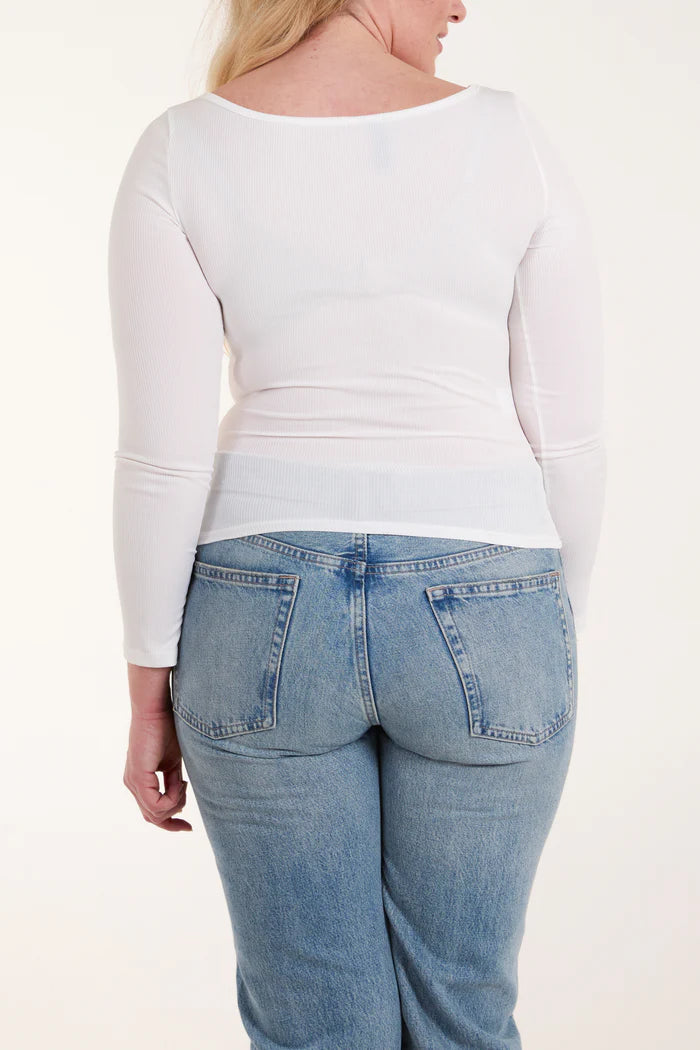 Square Neck Ribbed Long Sleeve Top in White