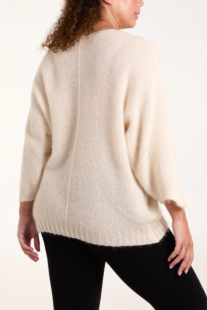 Fluffy texture v-neck jumper in cream